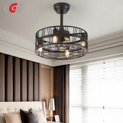 CGE-1239 Ceiling Fan with Light Industrial Ceiling Light Retractable Blades Vintage Cage Chandelier Fan with Remote Control