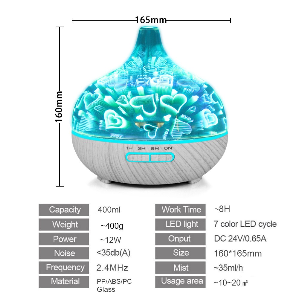 CGE-ADL-CY01 3D Glass Fire Flower Colorful LED Light Wood Grain Oil Air Humidifier