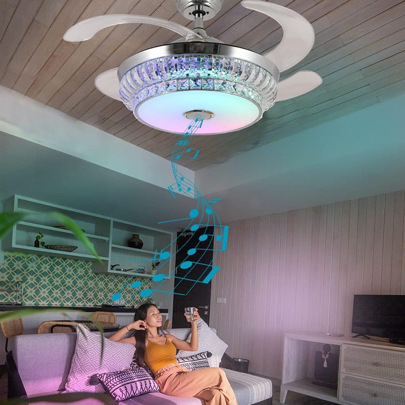 CGE-BFL-402 Dimmable Retractable Ceiling Fan Light and Bluetooth Speaker RGB Color Change with Remote Controller for Living Room