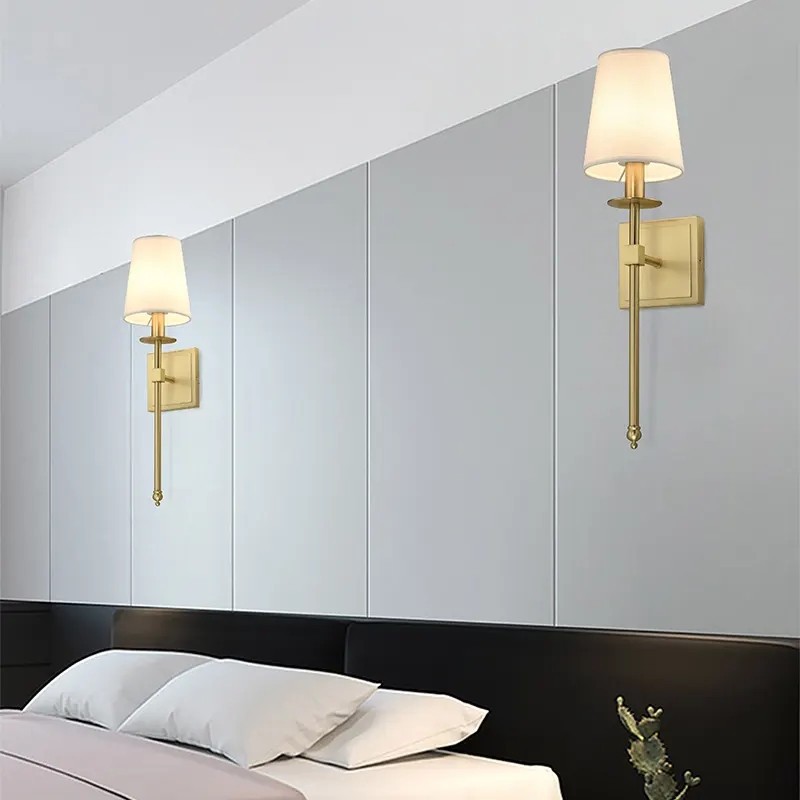 CGE-WL-048 Modern Wall Sconce Vanity Light Fixture with White Fabric Shade and Golden Stand