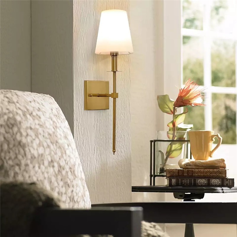CGE-WL-048 Modern Wall Sconce Vanity Light Fixture with White Fabric Shade and Golden Stand